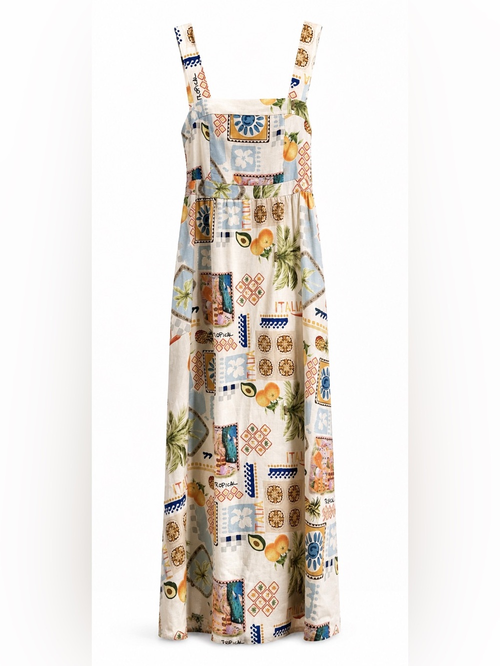 Spighe Di Lino Postcard Print Linen Maxi Dress Size L NWT